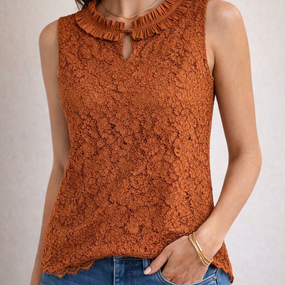 NWT J.Crew Copper Floral Lace Overlay Ruffle Keyhole Neck Sleeveless Top